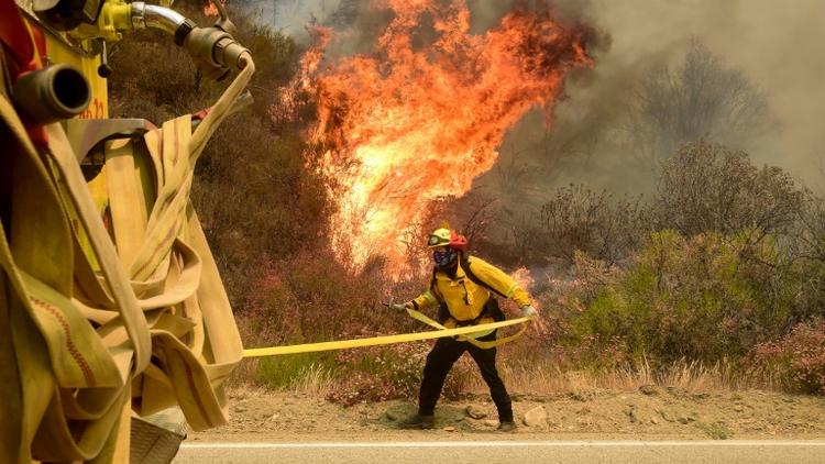 Un pompier lutte contre l'incendie qui ravage les alentours de Santa Clarita le 25 juillet 2016 en Californie [Frederic J. BROWN / AFP]