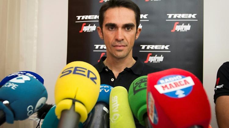 Alberto Contador (Trek) en conférence de presse à Nîmes, le 18 août 2017 à la veille du départ de la 22e édition de la Vuelta [JAIME REINA / AFP]