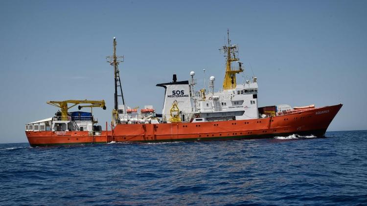 Photo d'archives du 6 mai 2018 du navire Aquarius de l'ONG SOS Méditérranée, qui porte secours aux migrants  [LOUISA GOULIAMAKI / AFP/Archives]