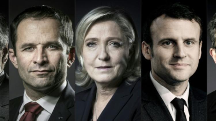 Combinaison des portraits de François Fillon, Marine Le Pen, Benoît Hamon, Emmanuel Macron et Jean-Luc Mélenchon réalisée le 21 février 2017 [JOEL SAGET / AFP]