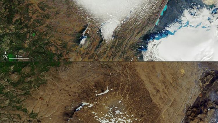 Ces images satellite montrent l'une (en haut) le glacier islandais Okjökull le 7 septembre 1986 et l'autre (en bas), le 1er août 2019, la même zone d'où le glacier a disparu 
 [- / NASA/AFP]