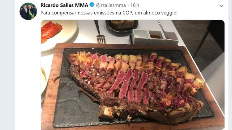 «Pour compenser nos émissions à la COP, un déjeuner végétarien !», a écrit de façon provocatrice Ricardo Salles en commentaire de son tweet. 