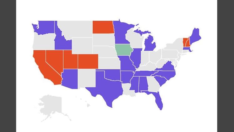 Joe Biden a jusque-là remporté 19 Etats (en violet), contre 9 pour son rival Bernie Sanders (en rouge).