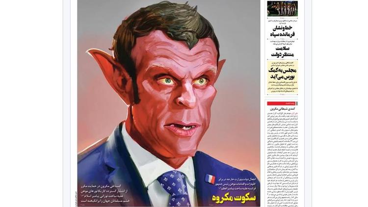 «Le démon de Paris» a titré le journal iranien Vatan Emrooz au-dessus d’une caricature d’Emmanuel Macron représenté en diable. 