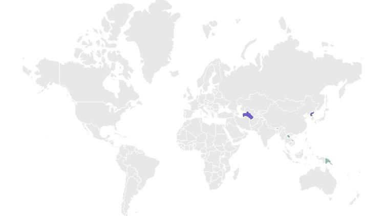 En violet apparaissent les pays où aucun cas de contamination au Covid-19 n'a été enregistré et, en vert, ceux où moins de 100 infections ont été recensées. 