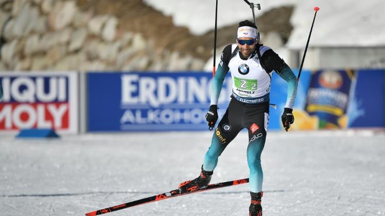 Martin Fourcade lors du relais des Mondiaux de biathlon d'Anterselva, dans les Alpes italiennes, le 22 février 2020 [Marco Bertorello / AFP/Archives]
