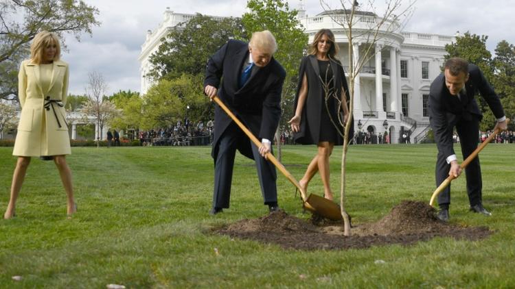 Le président des Etats-Unis Donald Trump et son homologue français Emmanuel Macron plantent un arbre, cadeau de la France, à la Maison Blanche le 23 avril 2018 [JIM WATSON / AFP/Archives]