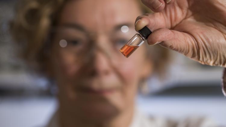 Une chercheuse de l'ANU montre une fiole de l'huile colorée extraite des roches découvertes. 