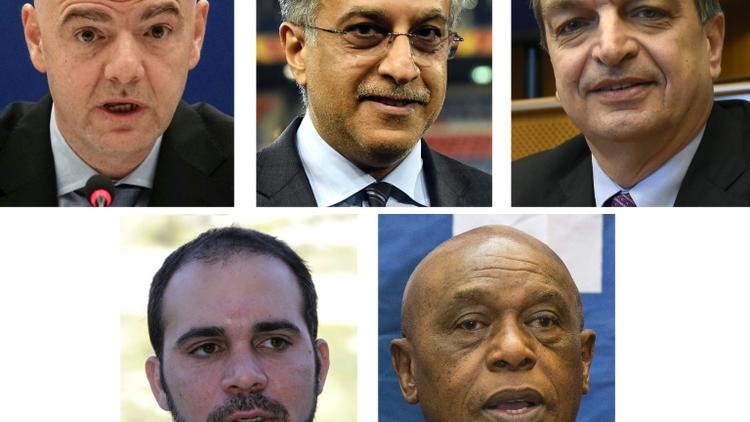 Les 5 candidats à la présidence de la Fifa (g à d) Gianni Infantino, Cheikh Salman, Jérôme Champagne,  Prince Ali et Tokyo Sexwale [- / AFP]