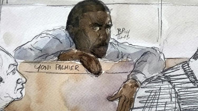 Croquis montrant Yoni Palmier au premier jour de son procès en première instance à Evry le 31 mars 2015 [BENOIT PEYRUCQ / AFP/Archives]