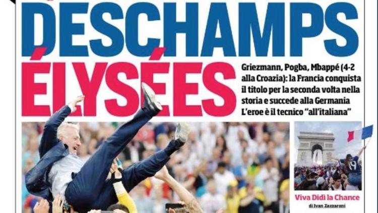 «Deschamps Élysées» en une du Corriere dello Sport, en Italie, le lendemain de la victoire des Bleus.