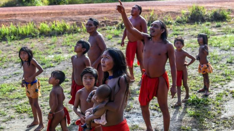 Des Indiens Waiapi regardent un avion survoler leur village de Manilha, au coeur de la forêt amazonienne, le 15 octobre 2017 [Apu Gomes / AFP]