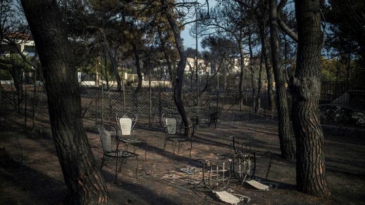 Une table et des chaises brûlées dans un jardinaprès l'incendie meurtrier qui a dévasté Mat, le 24 juillet 2018  près d'Athènes [ANGELOS TZORTZINIS / AFP]