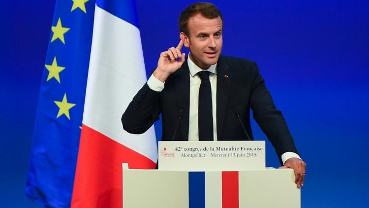 Le président Emmanuel Macron prononçant un discours devant le 42e congrès de la Mutualité française, à Montpellier le 13 juin 2018. [SYLVAIN THOMAS / AFP]
