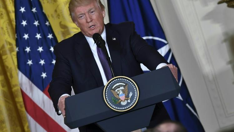 Donald Trump lors d'une conférence de presse conjointe avec le secrétaire général de l'OTAN Jens Stoltenberg à la Maison-Blanche, le 12 avril 2017 [Nicholas Kamm / AFP]