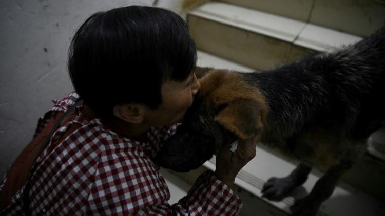 Mme Wen embrasse un chien dans sa maison de Chongqing (Chine) le 29 novembre 2020  [NOEL CELIS / AFP]