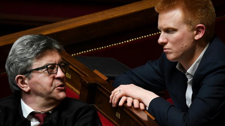 Les députés La France insoumise (LFI) Jean-Luc Mélenchon (g) et Adrien Quatennens, le 2 avril 2019 à l'Assemblée nationale à Paris [Alain JOCARD / AFP/Archives]