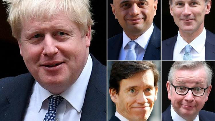 Cette mosaïque d'images montre les cinq candidats encore en lice pour devenir le chef du parti conservateur britannique, qui deviendra également Premier ministre: le favori Boris Johnson (à gauche), Sajid Javid (au centre en haut), Jeremy Hunt (en haut à droite), Rory Stewart (au centre en bas) et Michael Gove (en bas à droite). [STF / AFP]