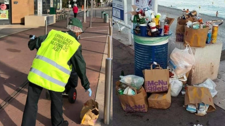 La Promenade des Anglais est souillée par des tas de papiers gras dégoûtants, de gobelets, de boîtes de burgers et de sacs en carton. 