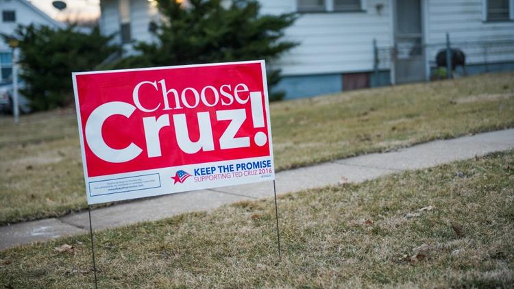 Une affichette en faveur du Républicain Ted Cruz à Burlington, dans l'Iowa, en janvier 2016.