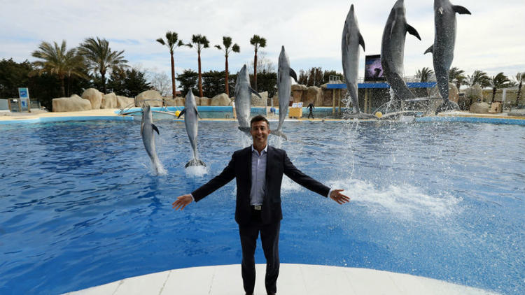 Le nouveau directeur du parc, Arnaud Palu, pose devant un spectacle de dauphins, le 17 mars 2016. 