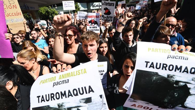 Des membres du Pacma manifestent contre la tauromachie dans les rues de Valence, pendant la fête des Fallas, le 13 mars 2016. 