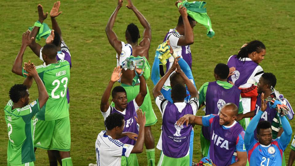 Les Nigérians célèbrent leur victoire face à la Bosnie-Herzégovie (1-0) à Cuiaba le 21 juin 2014. Une victoire obligatoire pour pouvoir conserver l'espoir de qualification en huitièmes de finale.